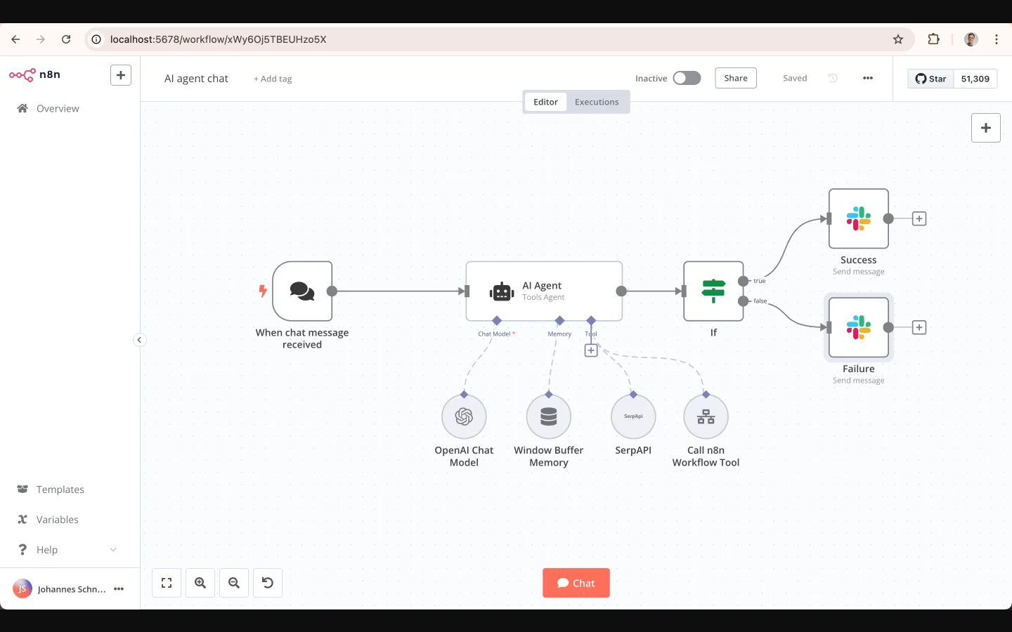n8n workflow editor showing an AI agent chat workflow with Chat Model, Memory, SerpAPI tool, and Slack success/failure branches