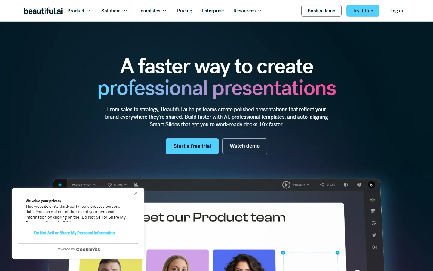 Beautiful.ai homepage: A faster way to create professional presentations