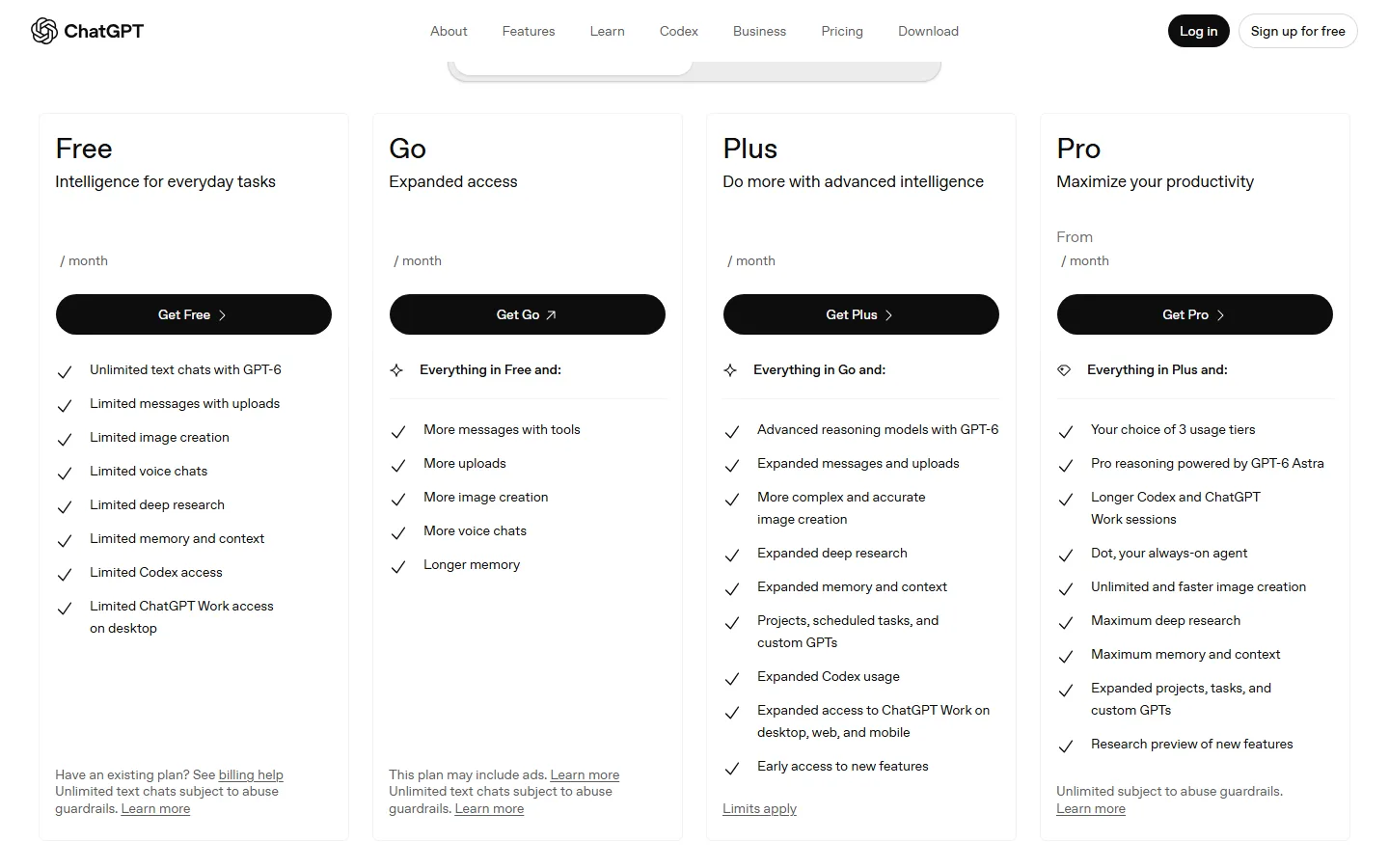 ChatGPT official pricing page: Free, Go, Plus, and Pro individual plans