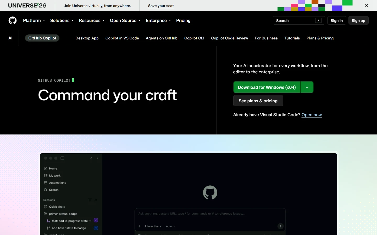 GitHub Copilot product page showing editor-first AI assistance