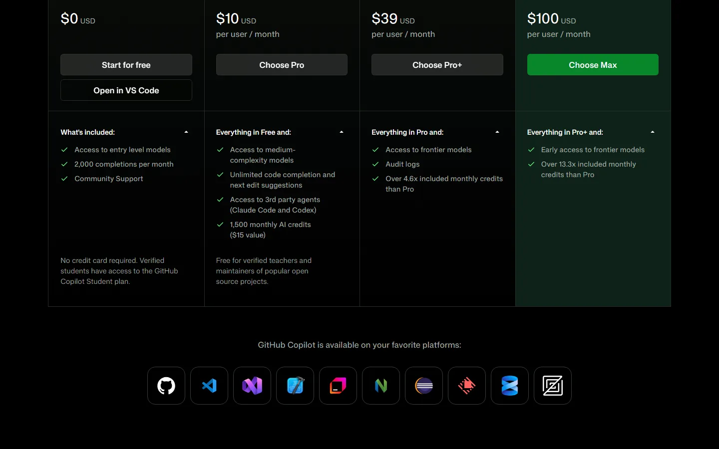 GitHub Copilot plans: Free 0, Pro 10, Pro+ 39, Max 100 per month