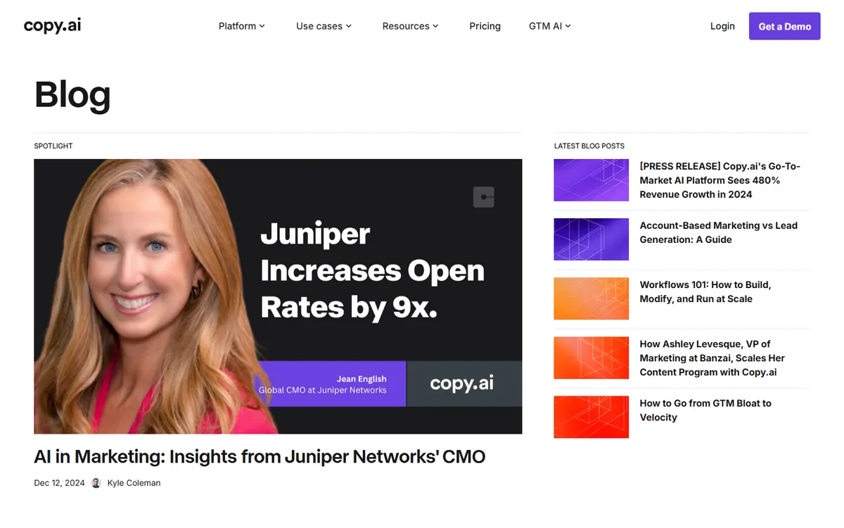 Copy.ai workspace showing free plan features and content generation tools