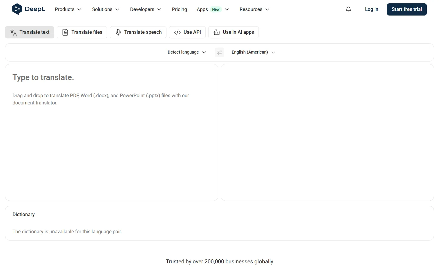 DeepL home page showing the translation interface