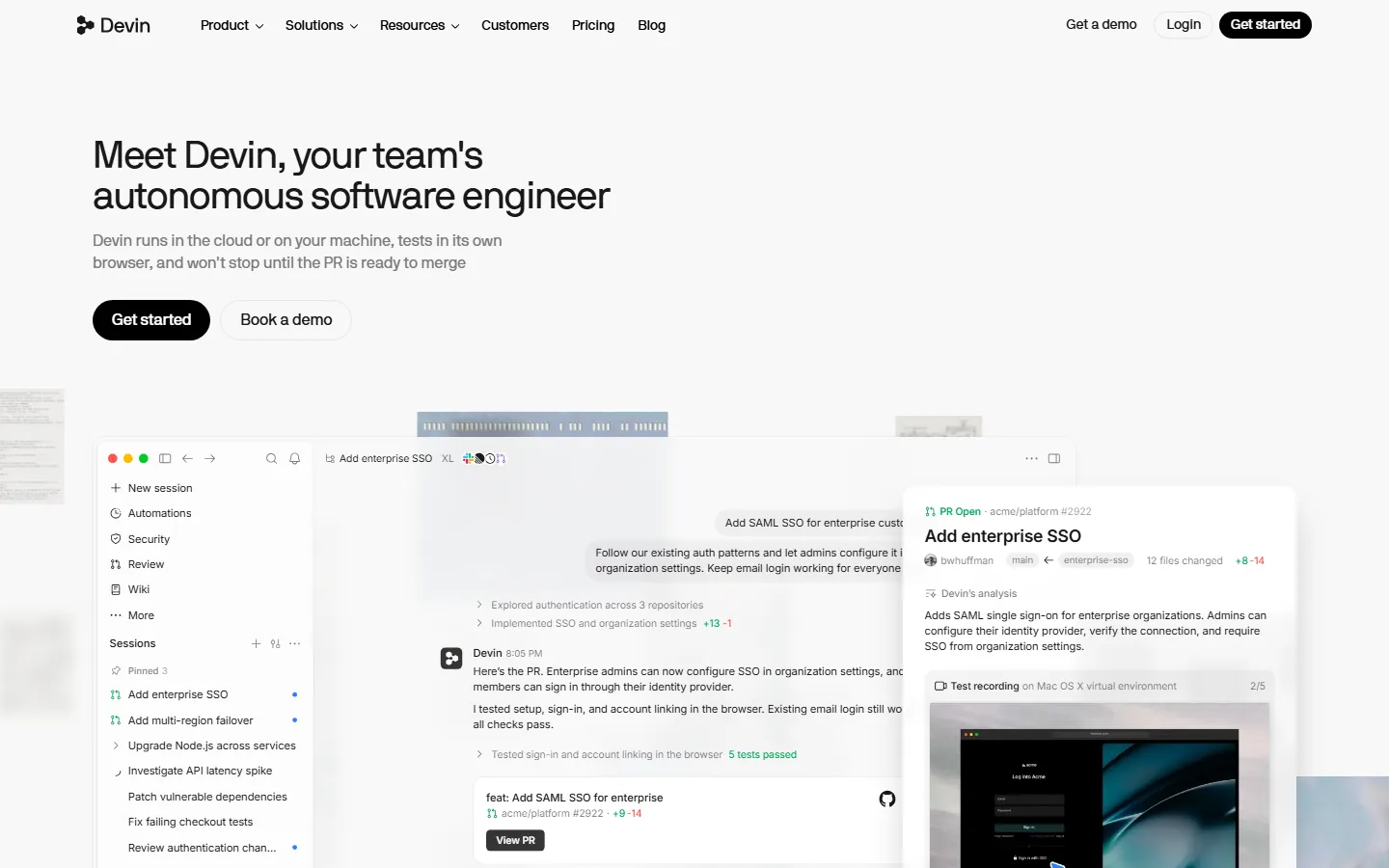 Devin home page showing the autonomous software engineer workflow