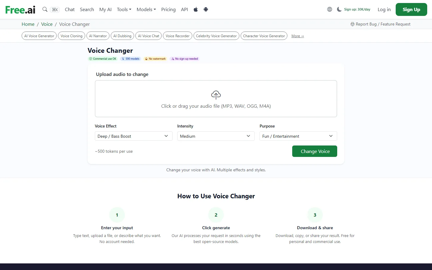 Free.ai voice changer interface showing 590 models, no watermark, no sign-up needed