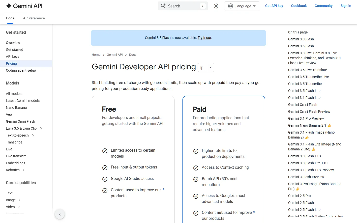 Gemini API pricing page
