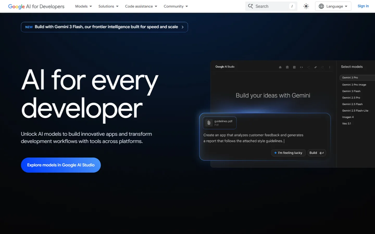 Google AI for Developers homepage