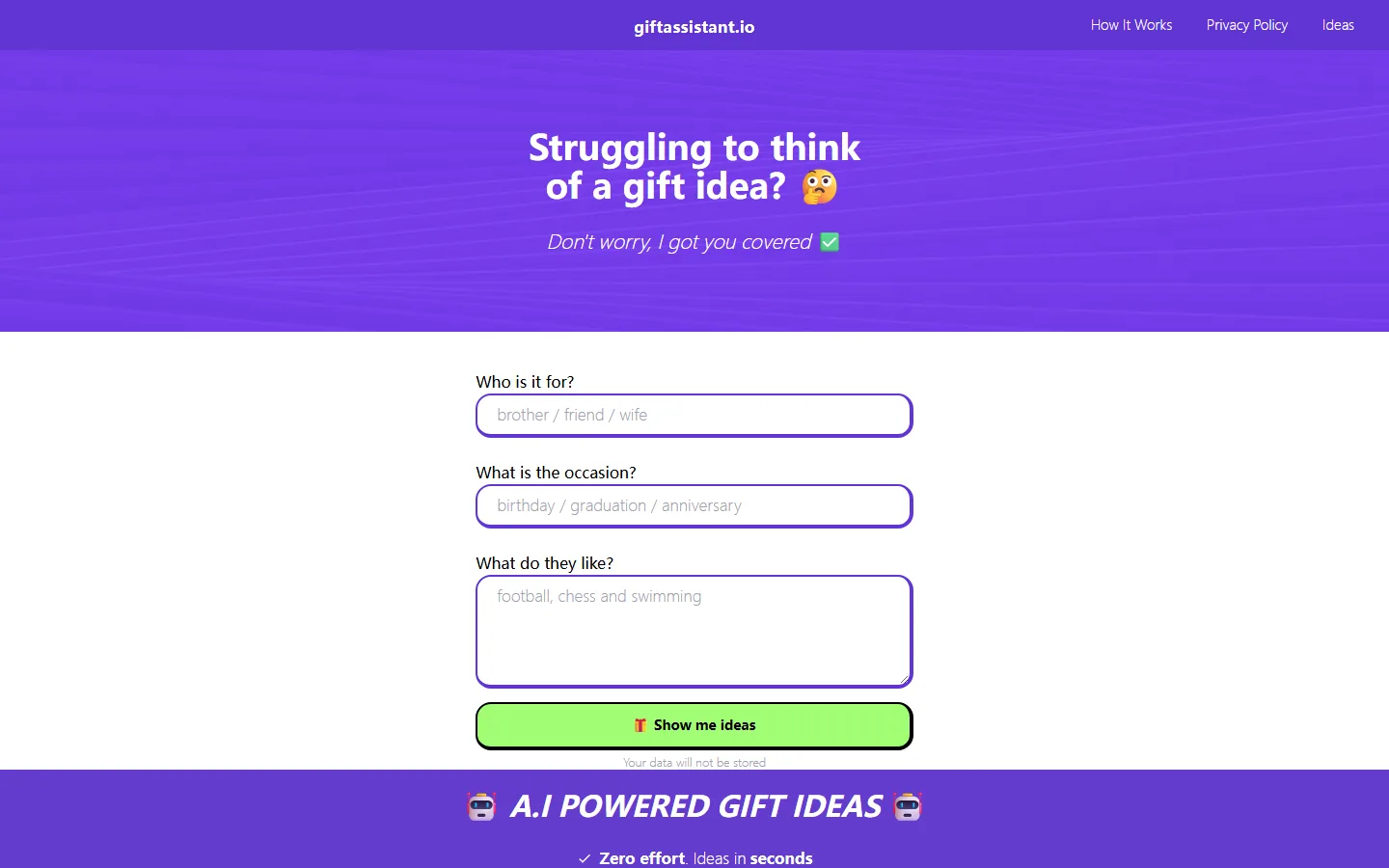Gift Assistant home page
