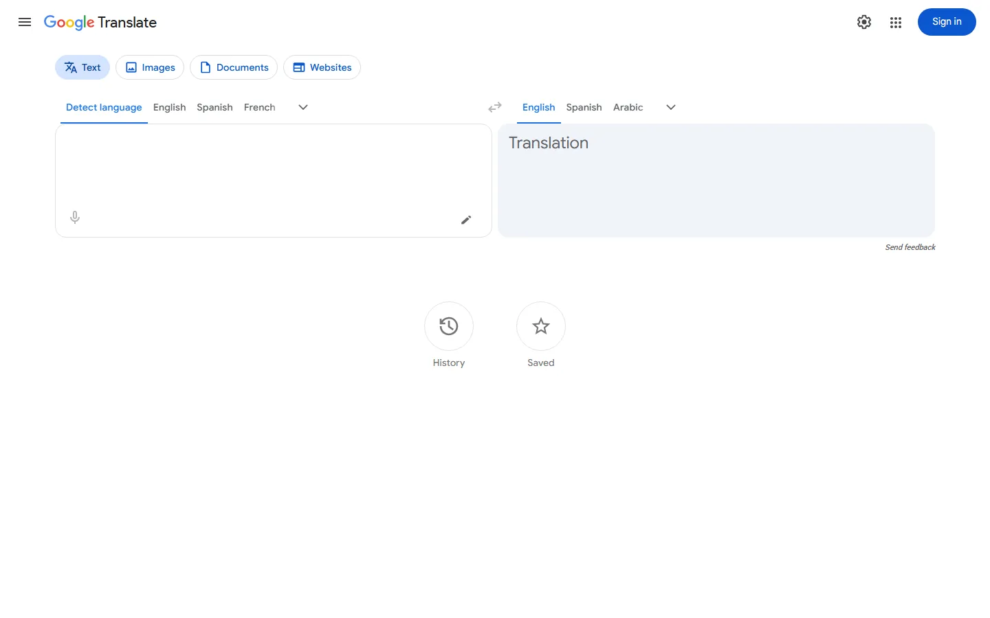 Google Translate home page showing the translation interface