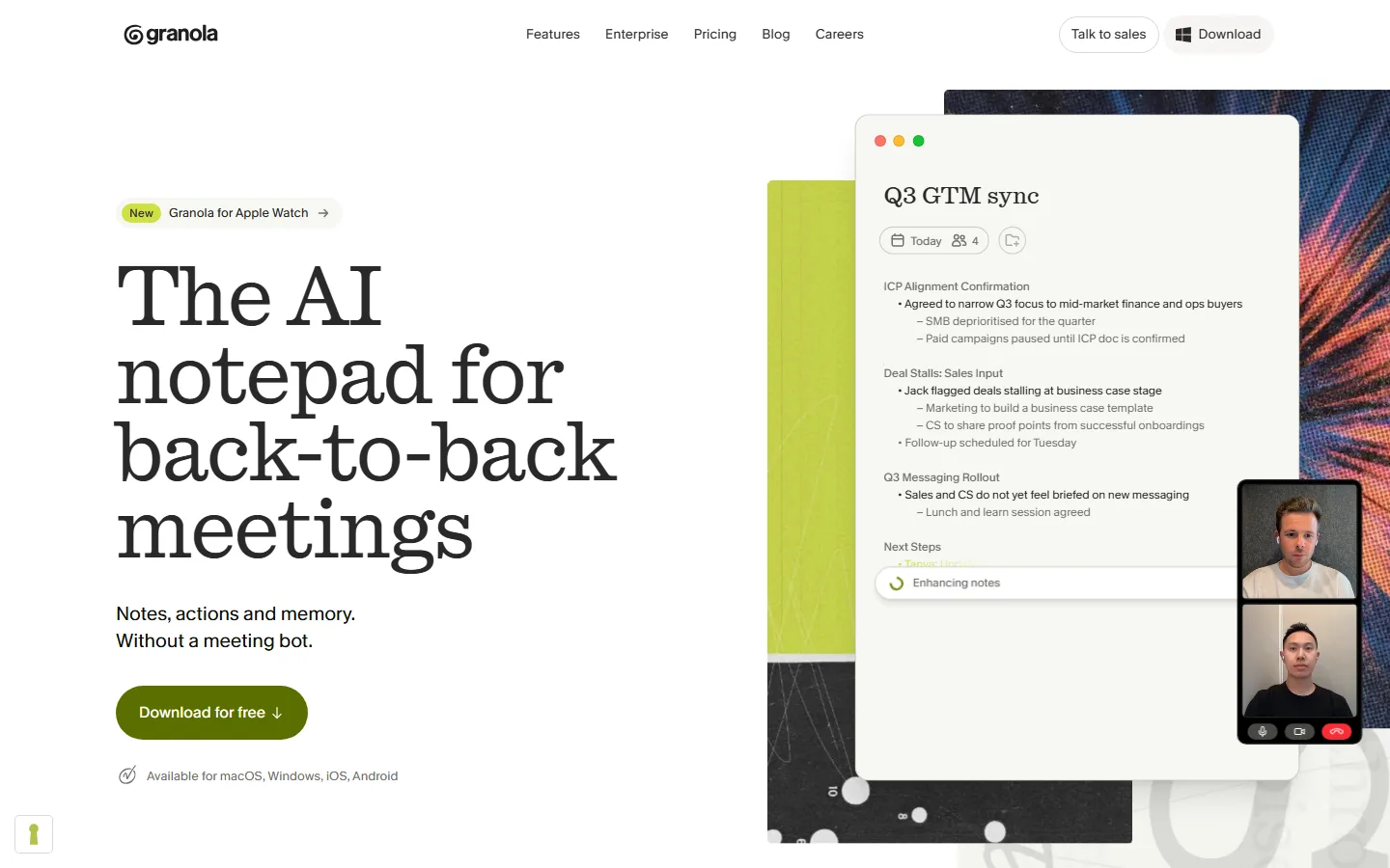 Granola product page showing AI meeting notes