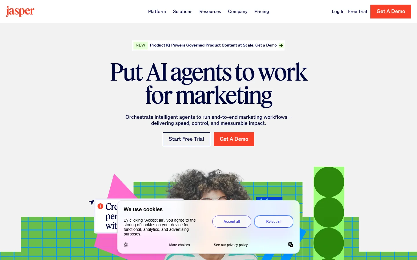 Jasper home page showing the AI marketing agent platform