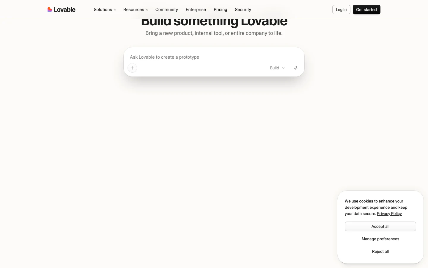 Lovable homepage showing the full-stack app builder