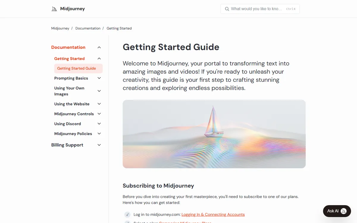 Midjourney documentation with sample outputs