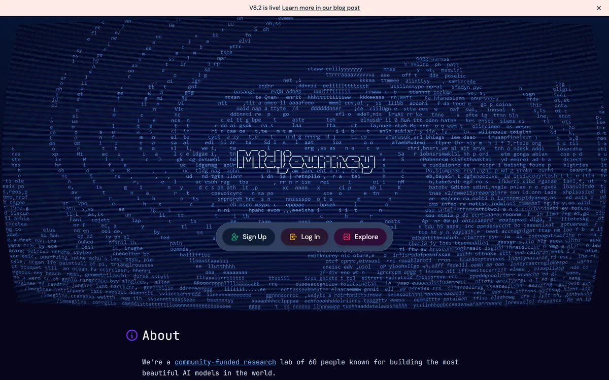 Midjourney official website homepage showing the platform's signature word-art design