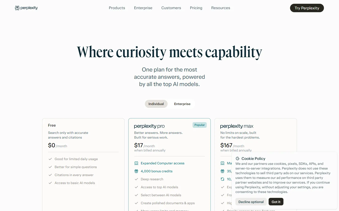 Perplexity pricing page showing Free, Pro at $17 a month annual, and Max tiers