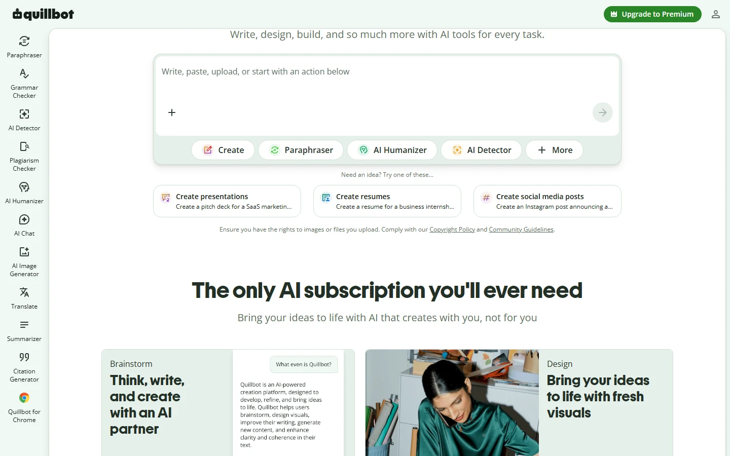 QuillBot homepage showing the paraphraser-first writing suite