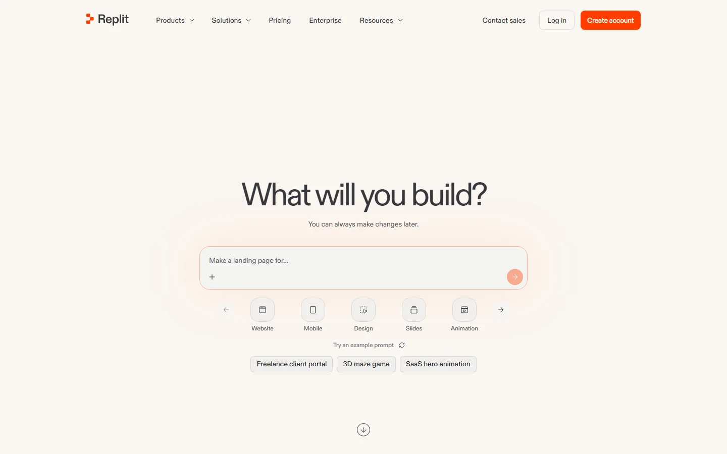 Replit homepage showing the prompt-to-app builder
