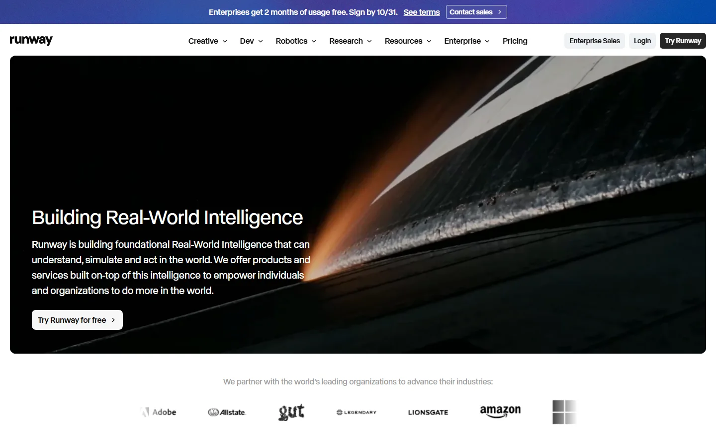 Runway homepage showing Building Real-World Intelligence hero and Try Runway for free call to action