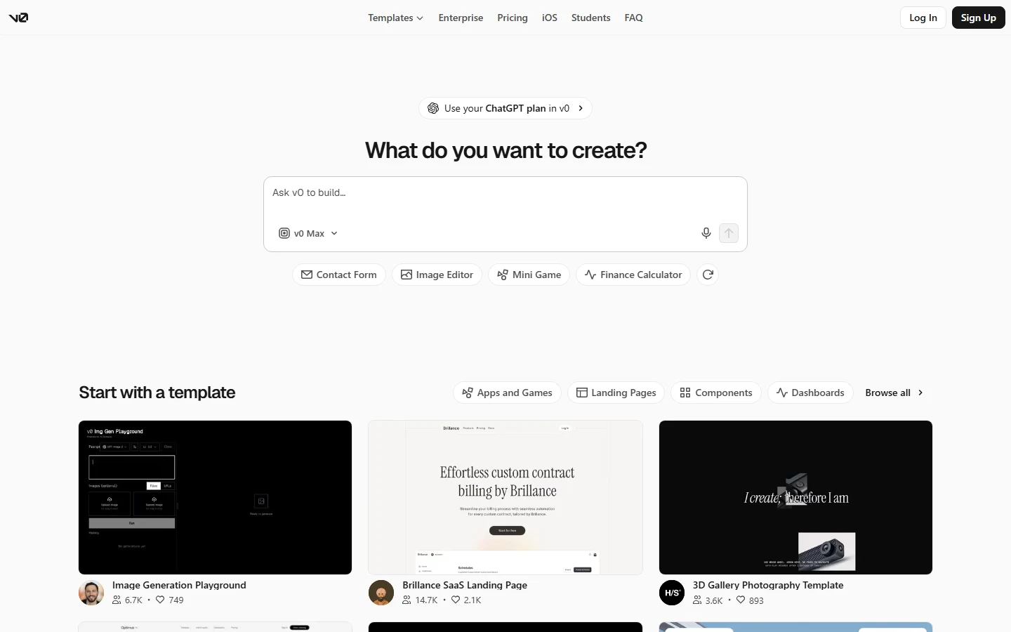 V0 homepage showing the prompt-to-interface builder