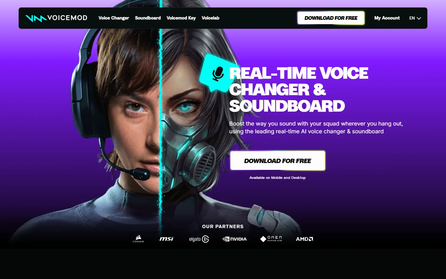 Voicemod homepage showing the real-time voice changer and soundboard positioning